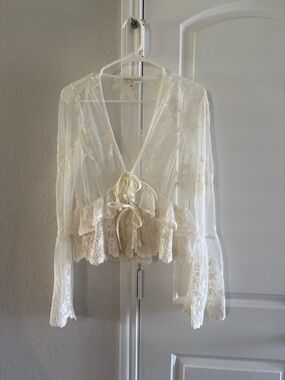Delicate Lace Tie-Front Blouse - Cream